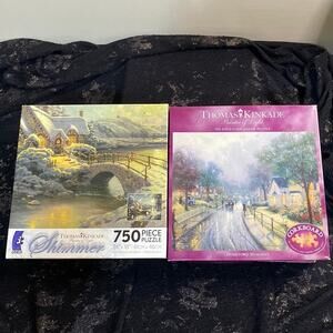 Thomas Kinkade Puzzle Bundle 2 Brand New Winter Holiday Snow Corkboard Shimmer